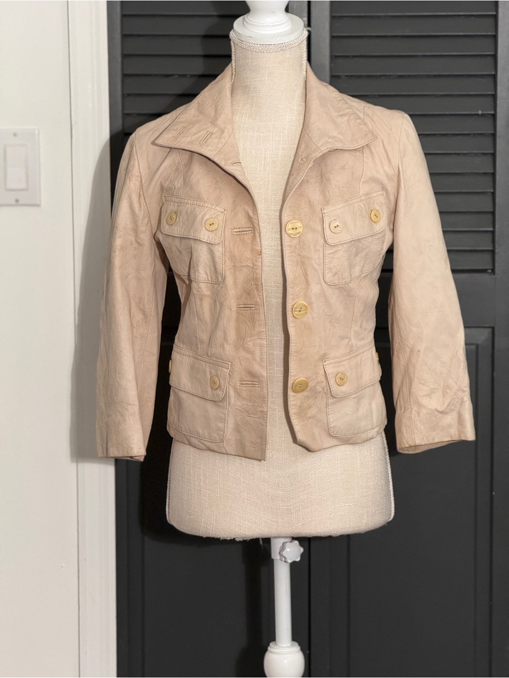 Collini by Bexter Vintage Cream Crinkled Lambskin Leather Utility Jacket AS-IS